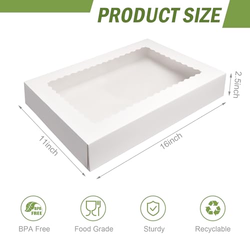 Rarapop Large White Bakery Boxes with Window - 16x11x2.5 Inch, 4 Pack