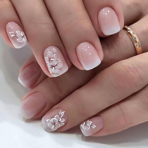 LYLYNB Ombre French Press on Nails Cute Flower Design Short Square Fake Nails