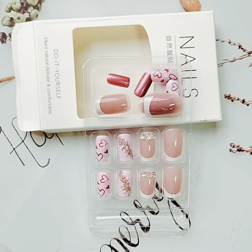 Purple Press on Nails Medium Square Kawaii Fake Nails with Heart Designs
