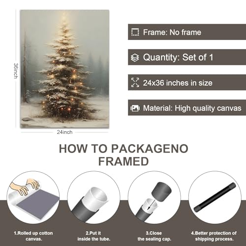 Christmas Tree Canvas Wall Art - Vintage Winter Scene, 24x36 Inches, Unframed
