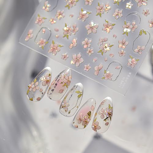 BUNLVDI 5D Embossed Pink Flower Nail Stickers Self-Adhesive Floral Decals