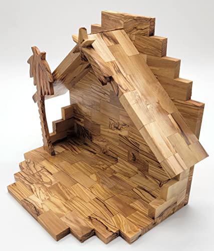 Olive Wood Nativity Stable - Handmade Bethlehem Christmas Decor 10.5x8.4x6.4 Inches