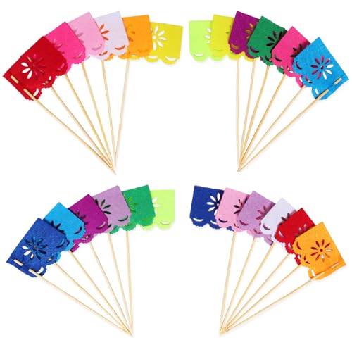 24 Pcs Mini Mexican Papel Picado Flags - Multi-Colored Cake Toppers