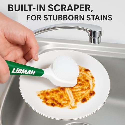 Libman Dish Brush Set - Soft Bristle Cleaning Brushes with Scraper