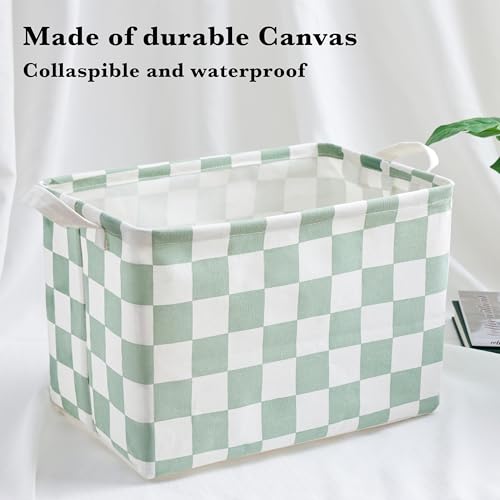 Sage Green Checkered Canvas Storage Basket - 15" x 10" x 10"