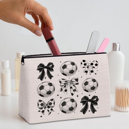 Soccer Makeup Bag Bow Cosmetic Zipper Pouch Travel Toiletry Bag