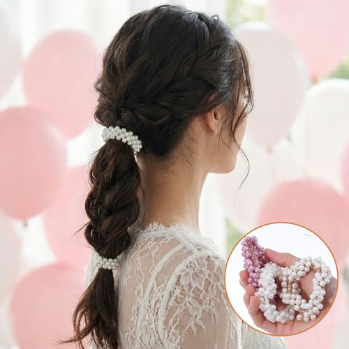 Xindojuz 3 Pack Pearl Scrunchies Beaded Hair Ties Ponytail Holder