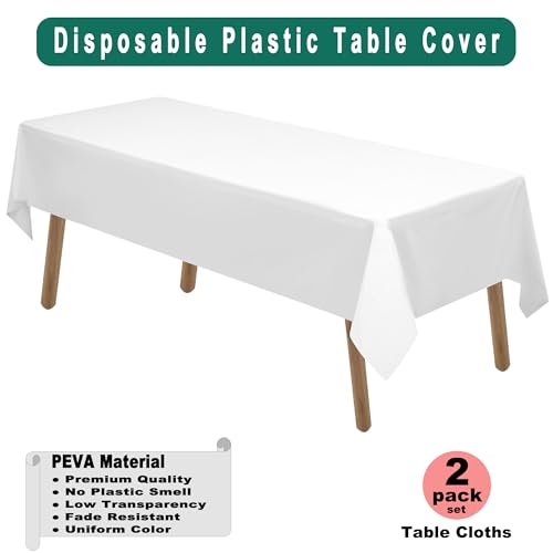 White Plastic Tablecloths 2 Pack - 54 x 108 Inch Disposable Covers for Events