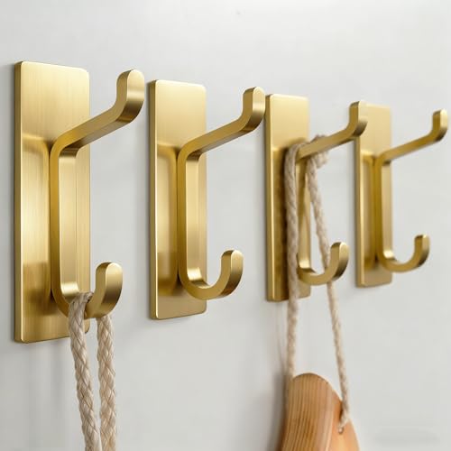 Josmimic Heavy-Duty Adhesive Wall Hooks - Brushed Gold, 4 Pack