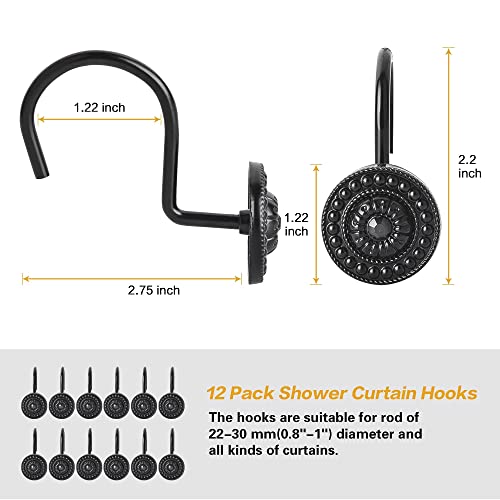 Black Shower Curtain Hooks - Rust Proof Decorative Rings, 12Pcs