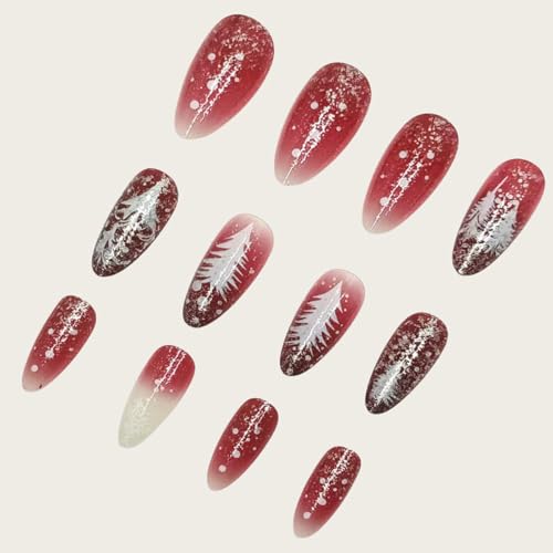 Christmas Press on Nails Medium Almond Wine Red Snowflake False Nails