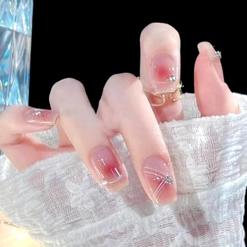 Pink Gradient Press on Nails Short Square Rhinestone False Nails Kit