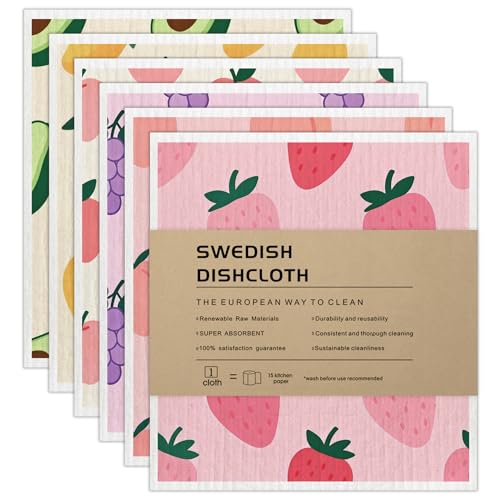 Super Absorbent Swedish Dishcloths 6-Pack - Biodegradable Kitchen Towels with Fruit Prints
