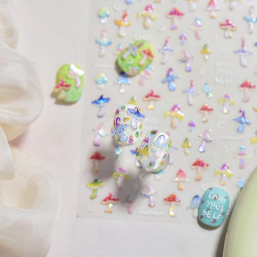 5D Embossed Mushroom Nail Art Stickers Colorful Summer Manicure Decals