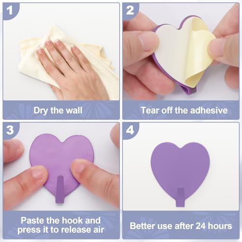 Hordion 8PC Heart Shaped Wall Hooks - Purple Decorative Adhesive Hooks