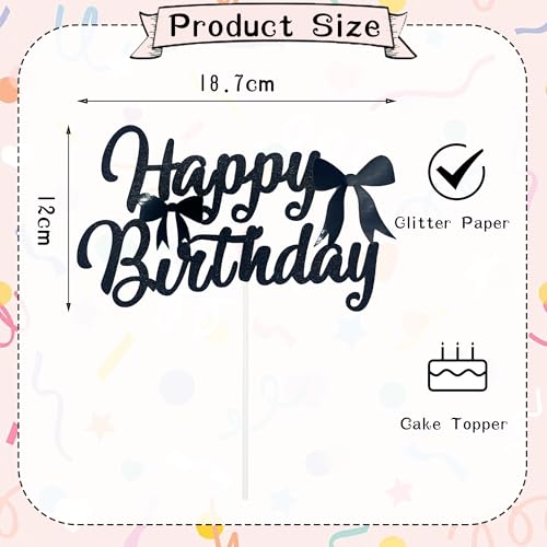 Elegant Black Glitter Bow Birthday Cake Topper for Girls