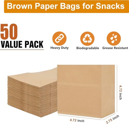 Likpikin Small Brown Kraft Paper Bags - 50 Pack Greaseproof Snack Wrappers