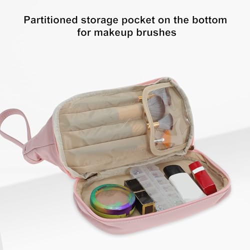 GLIDESMOOTH Double Layer Travel Makeup Bag - Waterproof PU Leather Toiletry Organizer with Brush Compartment, Pink