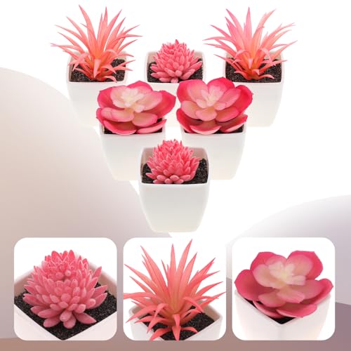 Woration 6Pcs Mini Artificial Pink Succulent Plants in Pots