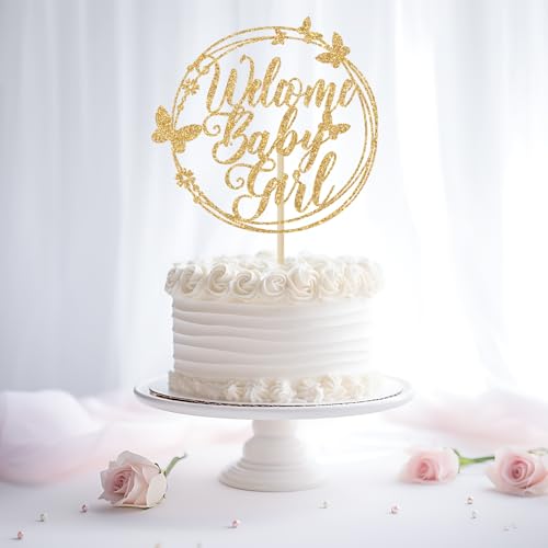 Welcome Baby Girl Cake Topper - Gold Glitter Baby Shower Decoration