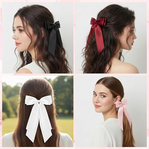 Tweruna Satin Hair Bows for Women, 4-Color Ribbon Hair Clips with Long Tails