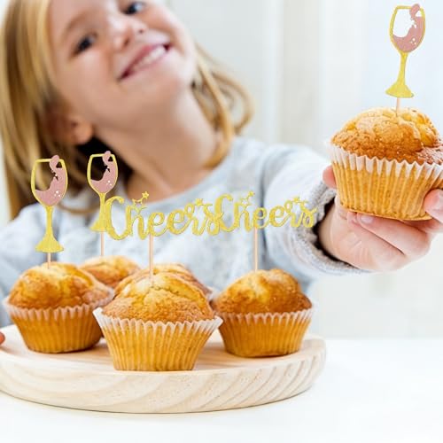 12 Pcs Rose Gold Glitter Cheers Cupcake Toppers Set