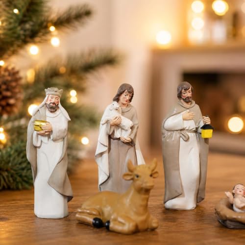 Brown Resin Nativity Set with 10 Figurines - Indoor Christmas Scene, 4.8 Inch - Variation of Brown