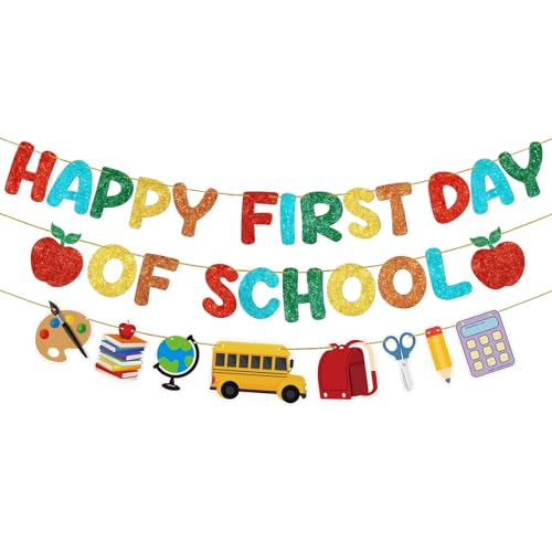 Fulmoon Happy First Day of School Banner Glitter Back to School Decor - Pre-Strung & Durable