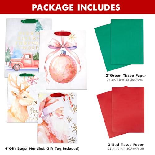 Jotique 4-Pack Pink Christmas Gift Bags with Tissue Paper, Medium