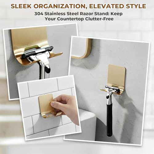 Heran Gold Razor Holder for Shower Wall - 4 Pack Self-Adhesive Hooks