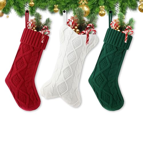 3 Pack Christmas Stockings for Dogs & Family - 18 Inch Knit & 15 Inch Bone Stocking - Red, Green, White
