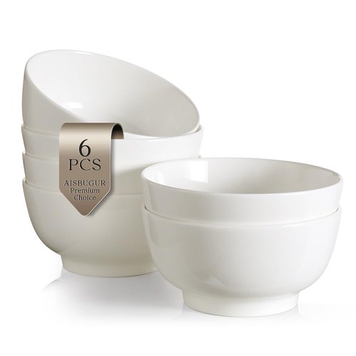 AISBUGUR Ceramic Bowls Set of 6-26OZ Deep Soup Bowls Salad Bowls for Kitchen Microwave & Dishwasher Safe - White Serving Bowls for Cereal, Soup, Pasta, Dessert