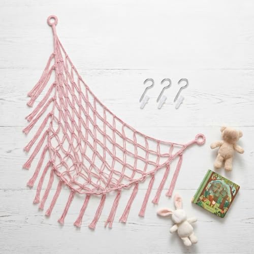 Large Cotton Stuffed Animal Storage Hammock - Pink Macrame Organizer