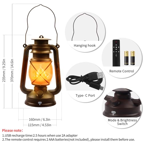 2 Pack Vintage Bronze Lanterns with Remote Control - 4 Modes Rechargeable