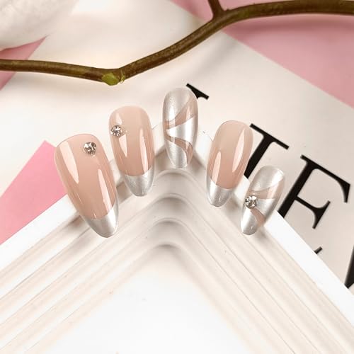 French Tip Press on Nails Medium Almond Polka Dot Ribbon Rhinestone