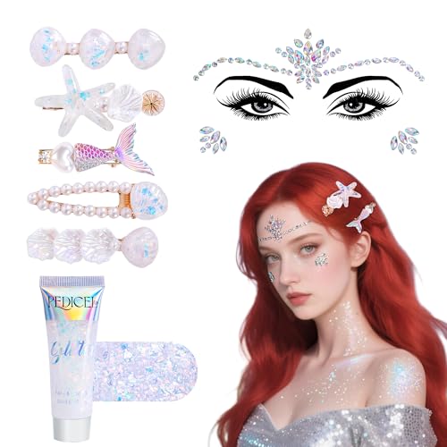 Mermaid Hair Clips Starfish Face Gems & Glitter Gel Set