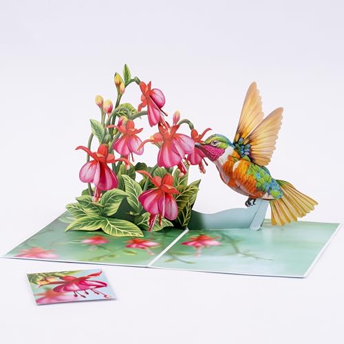 POPWOW Hummingbird 3D Pop Up Card with Fuchsia Flowers - 5x7 Inch