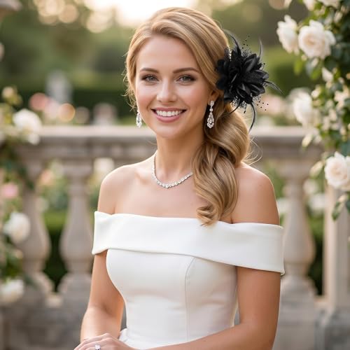 Black Rose Flower Hair Clip and Brooch with Feathers and Mesh