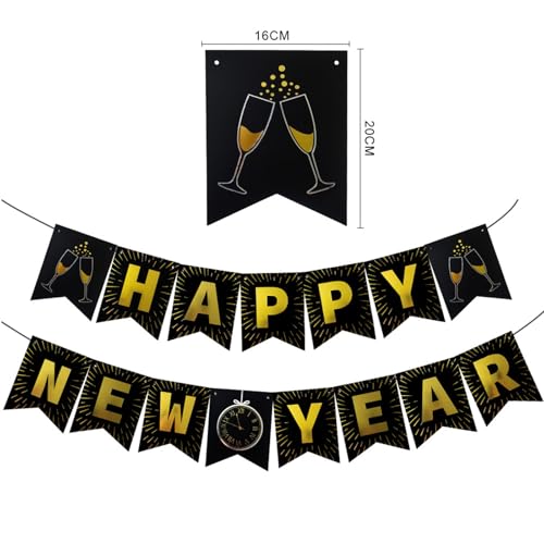 Black and Gold Happy New Year Banner 15pcs Party Decorations