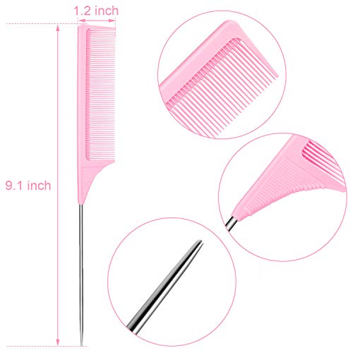 Leinuosen 3 Pack 9 Inch Carbon Fiber Rat Tail Comb with Metal Pick Pink