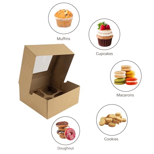 Jotique Kraft Cupcake Boxes with Window, 6-Pack, 6x6x3 Inch