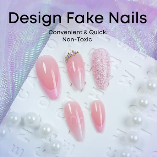 Valentines French Tip Press on Nails Short Almond Pink Heart Fake Nails