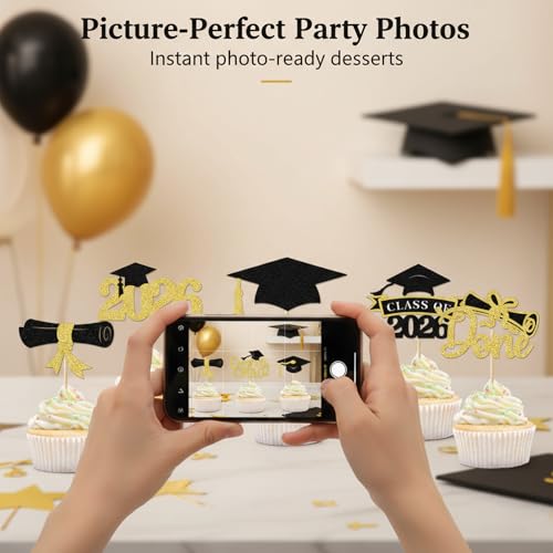 2026 Graduation Cupcake Toppers - Black & Gold Glitter Set of 24