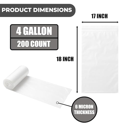 4 Gallon Clear Trash Bags - 200 Count Lightweight Wastebasket Liners