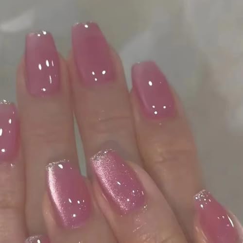 Pink Cat Eye Press on Nails Short Coffin Bling Acrylic False Nails