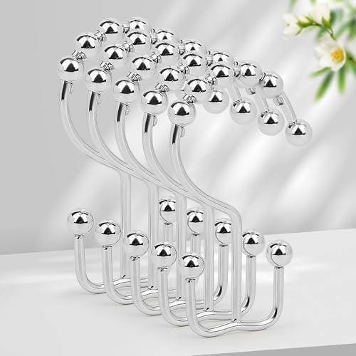 Resze 12PCS Metal Double Shower Curtain Hooks - Rust-Resistant & Smooth Glide
