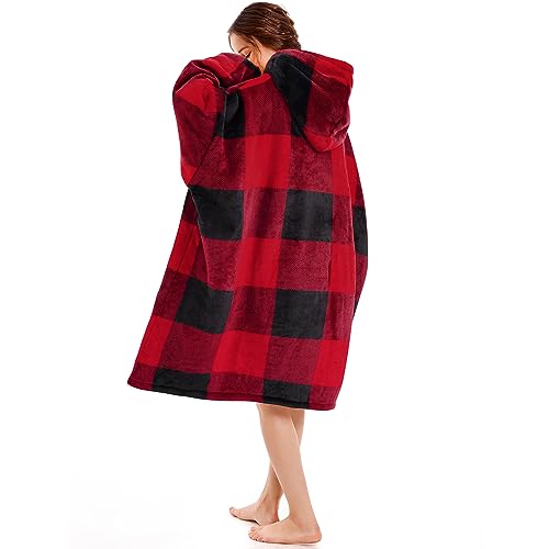 Narecte Cozy Oversized Wearable Hoodie Blanket for Adults - Red Plaid