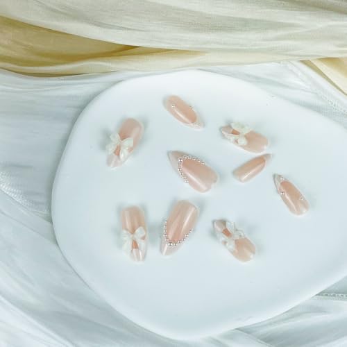Press On Nails Medium Almond French Tip with 3D White Bow and Rhinestones