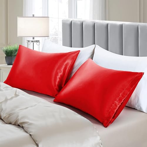 Red Satin Pillowcases for Hair - Set of 2, 20x26 Inches, Standard Size