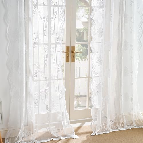 NICETOWN Lace Sheer Curtains Christmas Decor 84 Inches Long for Bedroom, Shabby Chic Rose Flora Semi White Sheer Curtains for Living Room French Door, 1 Pair, Rod Pocket, 52 x 84 Inch, Ivory White